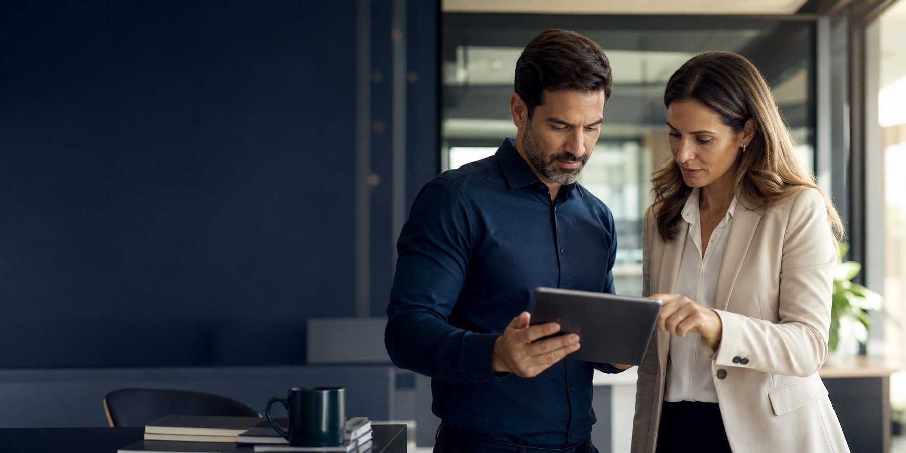 Empresário e consultora analisando informações financeiras em conjunto
